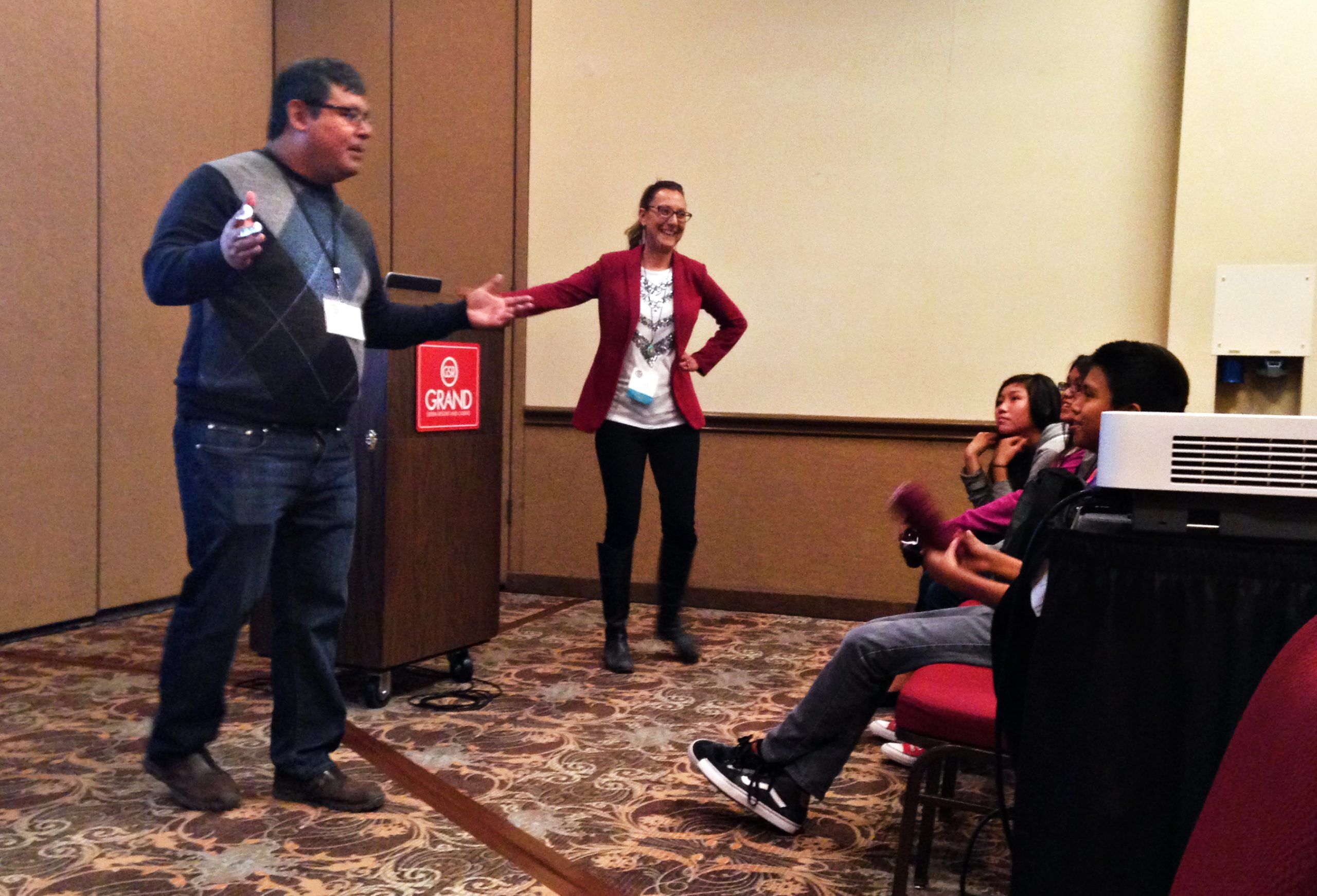 Matthew Makomenaw talks to students about college.