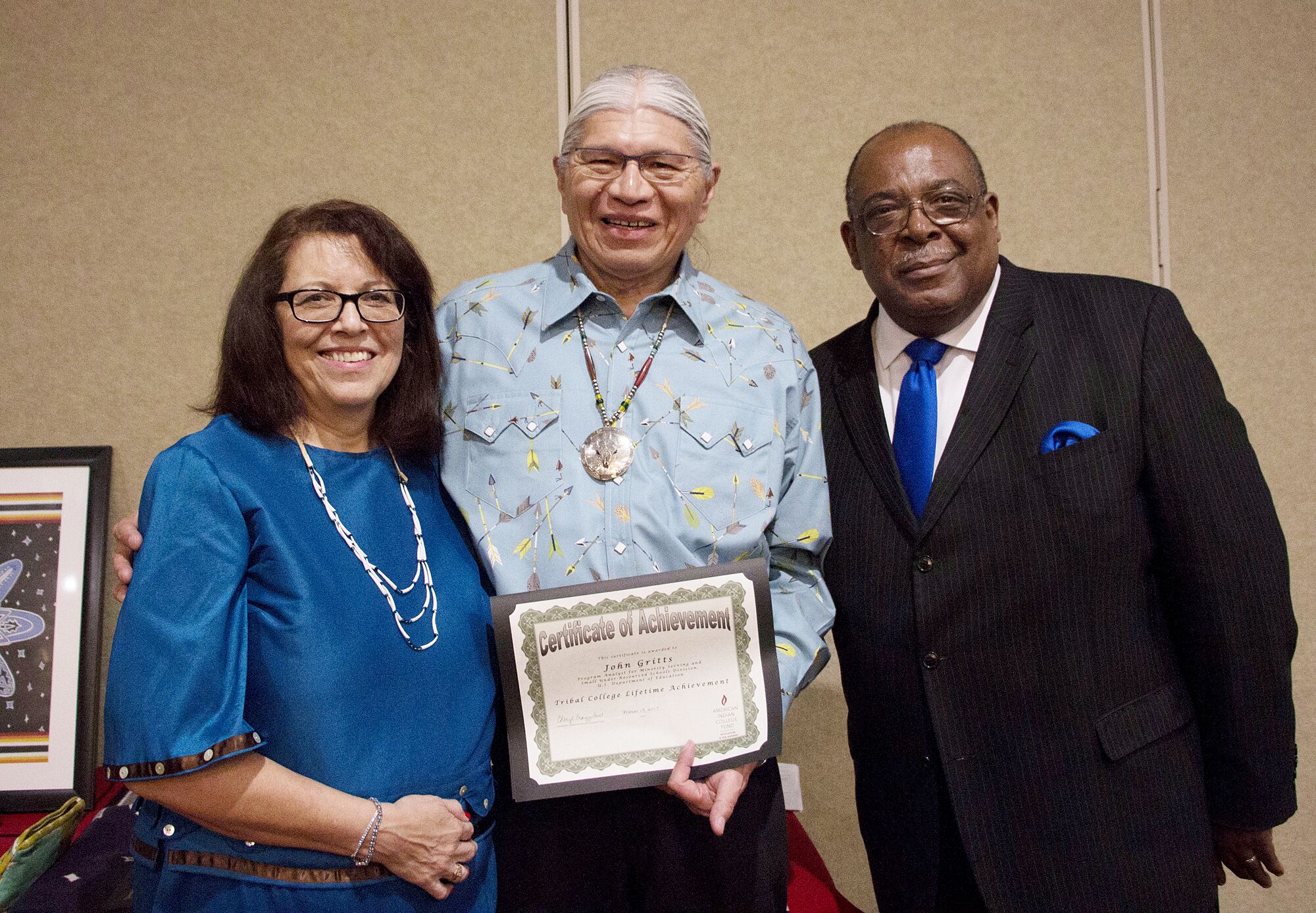 Photo of Cheryl Crazy Bull; 2017 Lifetime Achievement Award winner John Gritts,